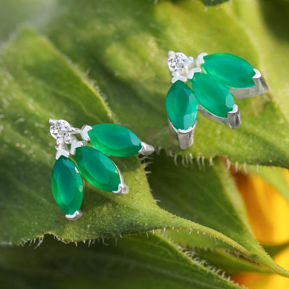 Green Onyx White Topaz Solid 925 Sterling Silver half flower Stud Earrings - YoTreasure