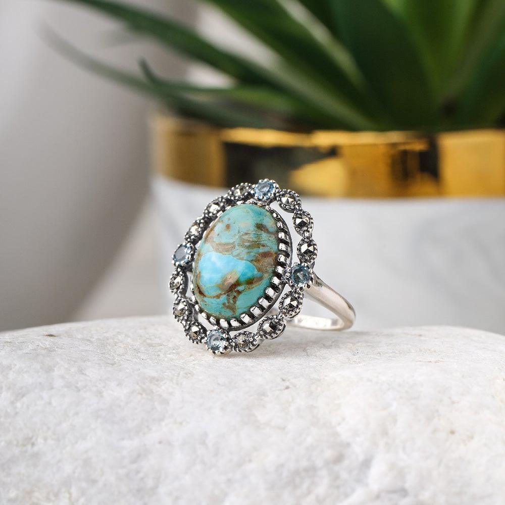 Blue Mohave Turquoise Swiss Blue Topaz Marcasite 925 Sterling Silver Ring - YoTreasure