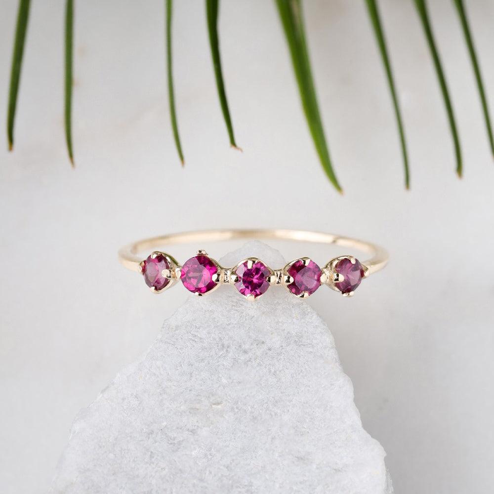 Rhodolite Garnet Solid 14K Yellow Gold 5-Stone Wedding Band Ring Jewelry - YoTreasure