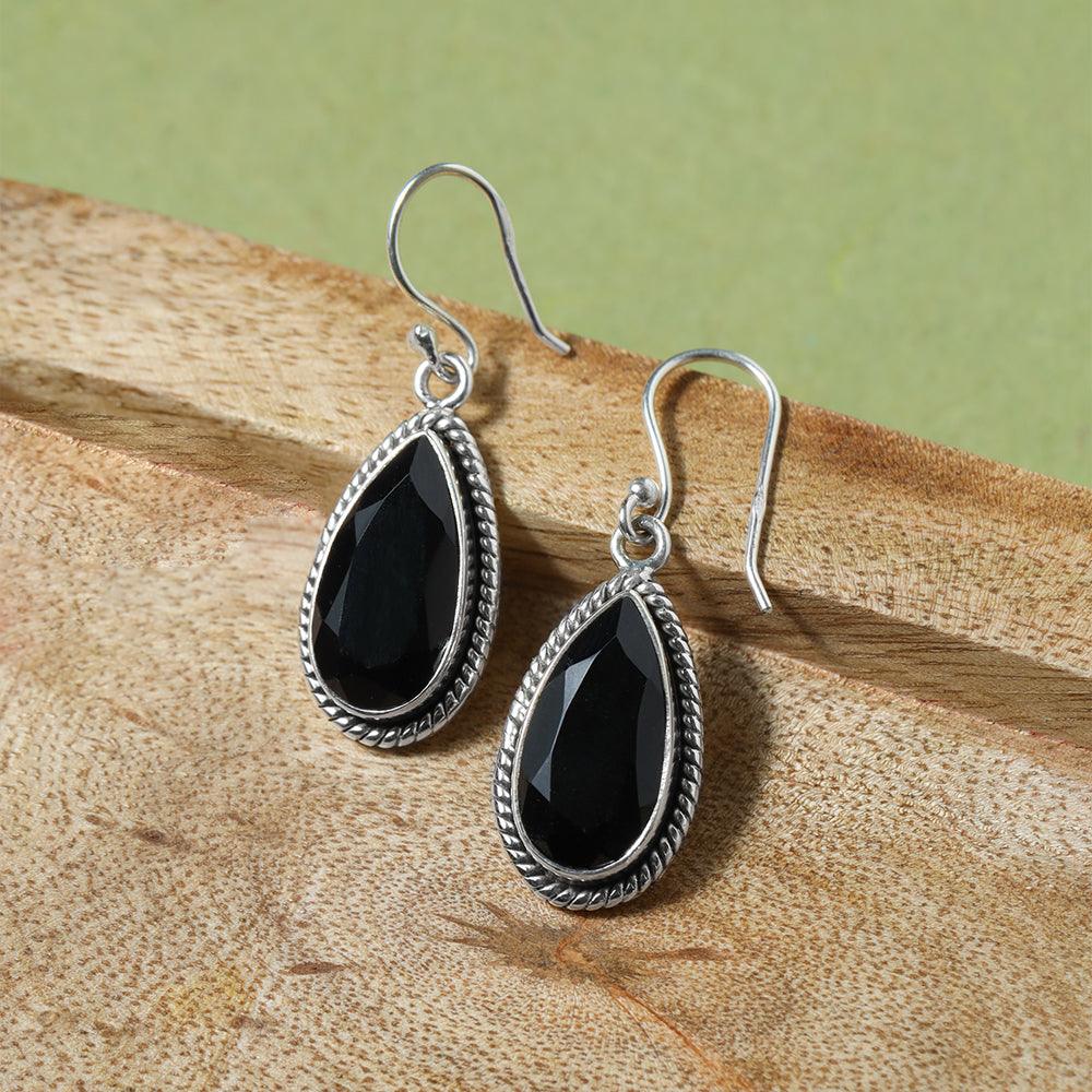 Black Onyx Solid 925 Sterling Silver Rope Design Dangle Earrings - YoTreasure