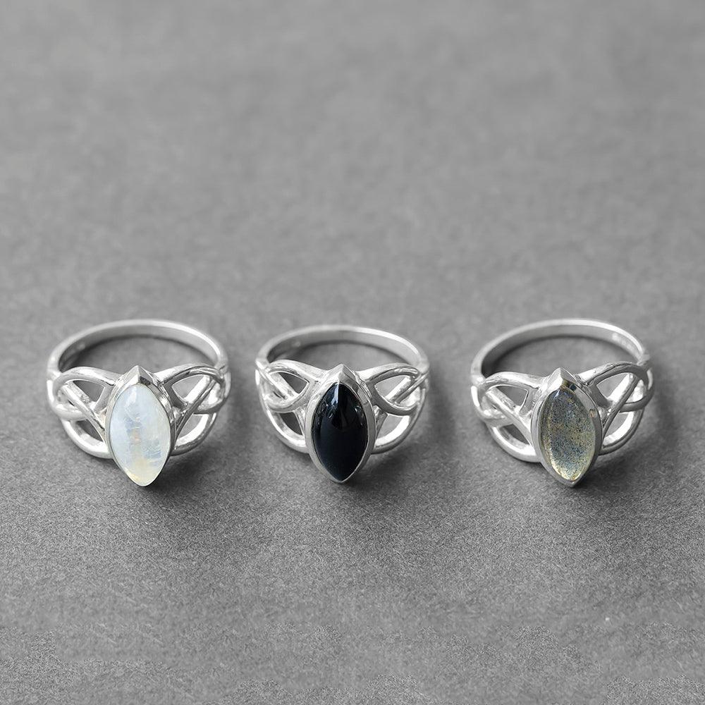 YoTreasure 6x12MM Marquise Shape Moonstone Birthstone Gemstone 925 Sterling Silver Victorian Style Triquetra Celtic Trinity Knot Ring - YoTreasure