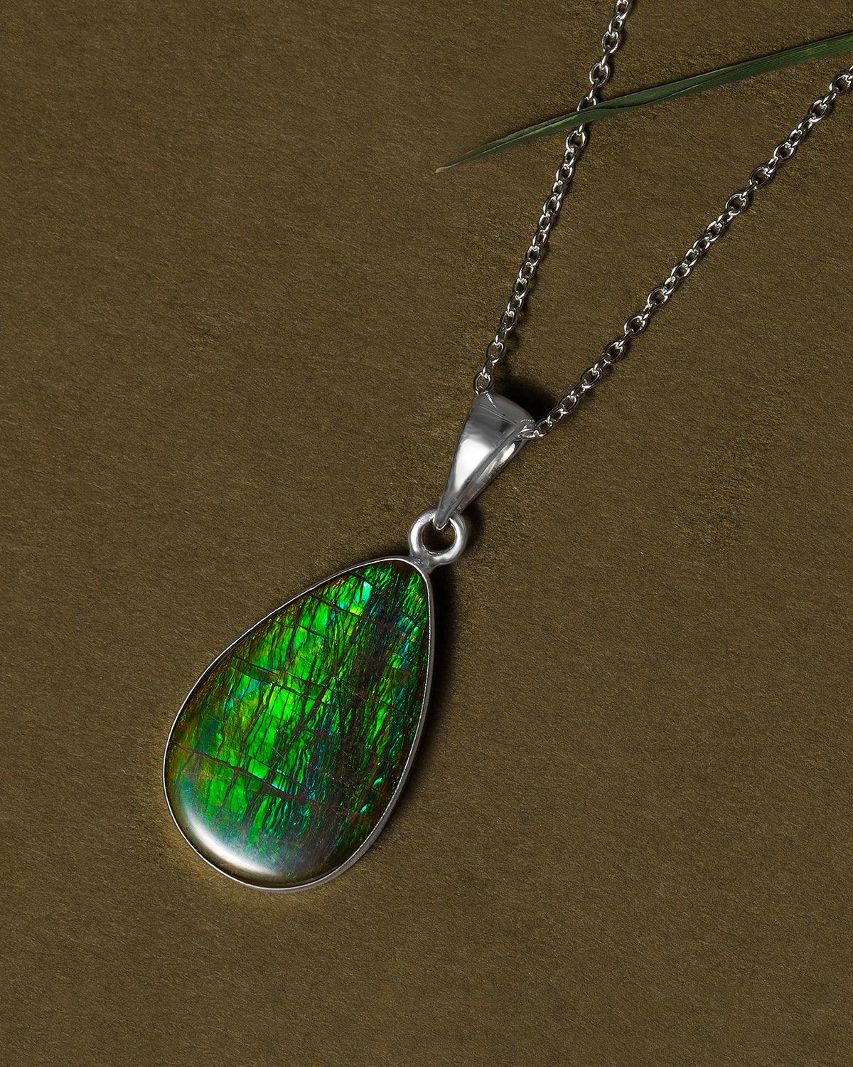 9.95 Ct. Ammolite Solid 925 Sterling Silver Necklace Pendant Jewelry - YoTreasure