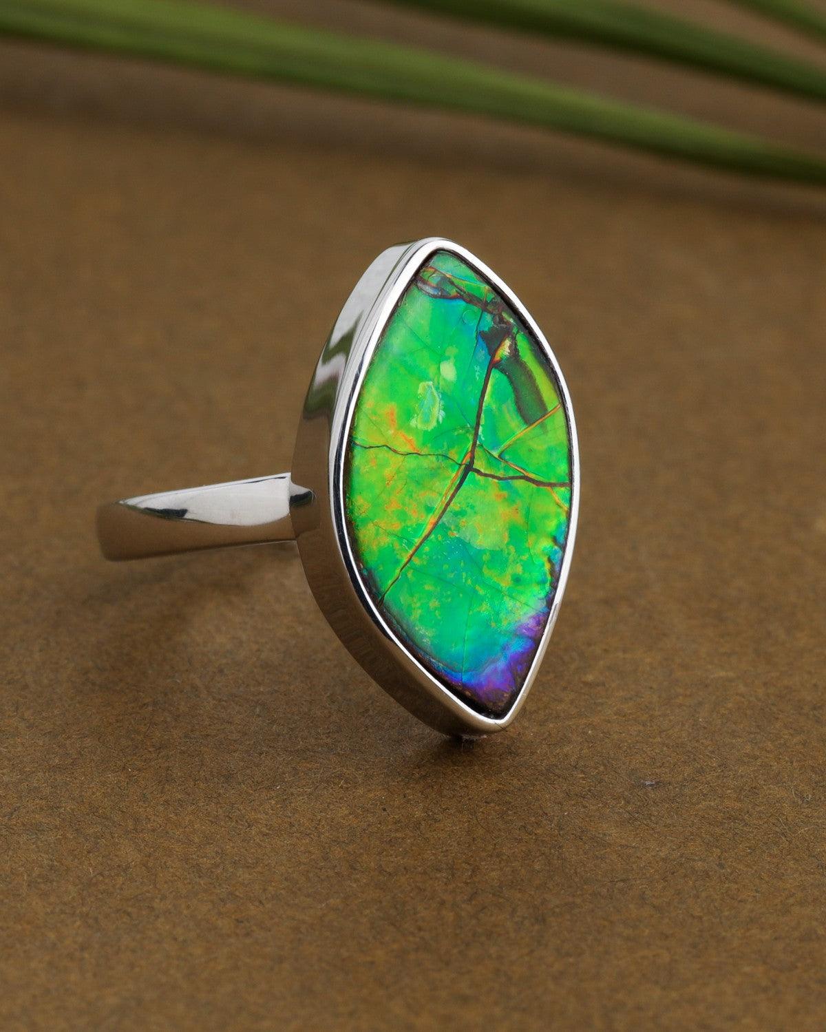 6.55 Ct. Ammolite Ring Solid 925 Sterling Silver Gemstone Jewelry - YoTreasure