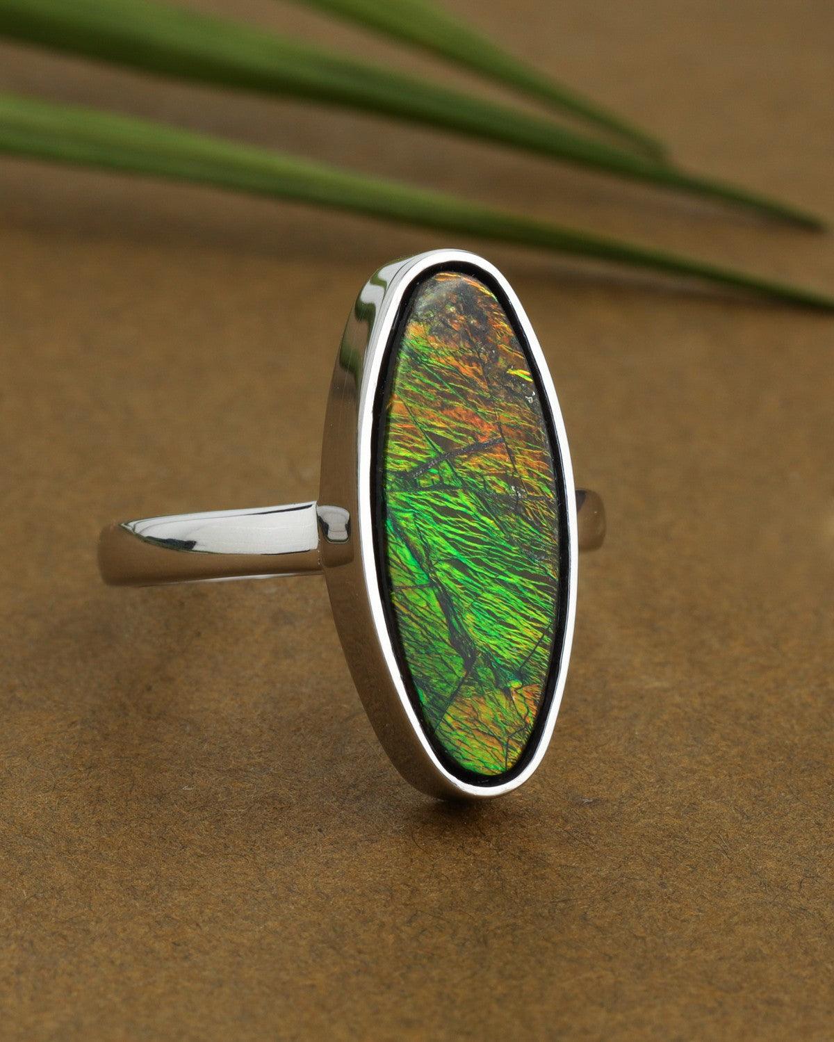 9.15 Ct. Ammolite Ring Solid 925 Sterling Silver Gemstone Jewelry - YoTreasure