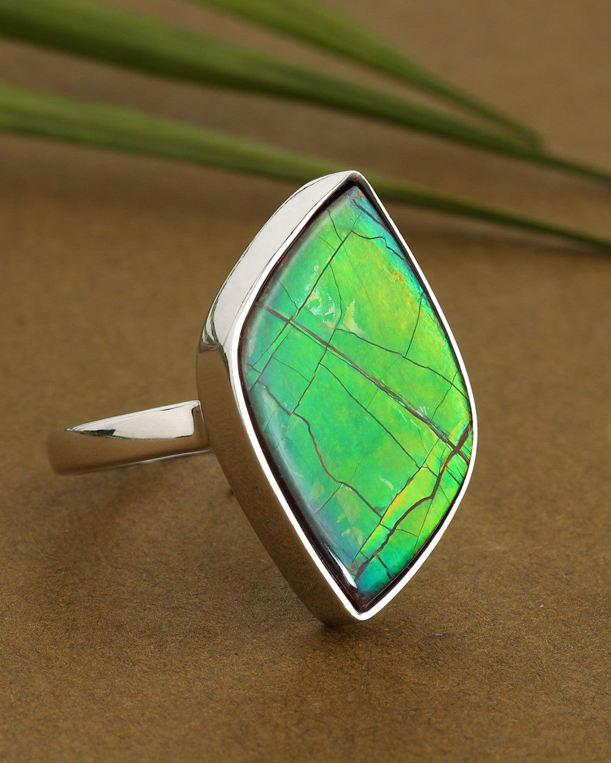 8.65 Ct. Ammolite Ring Solid 925 Sterling Silver Jewelry - YoTreasure