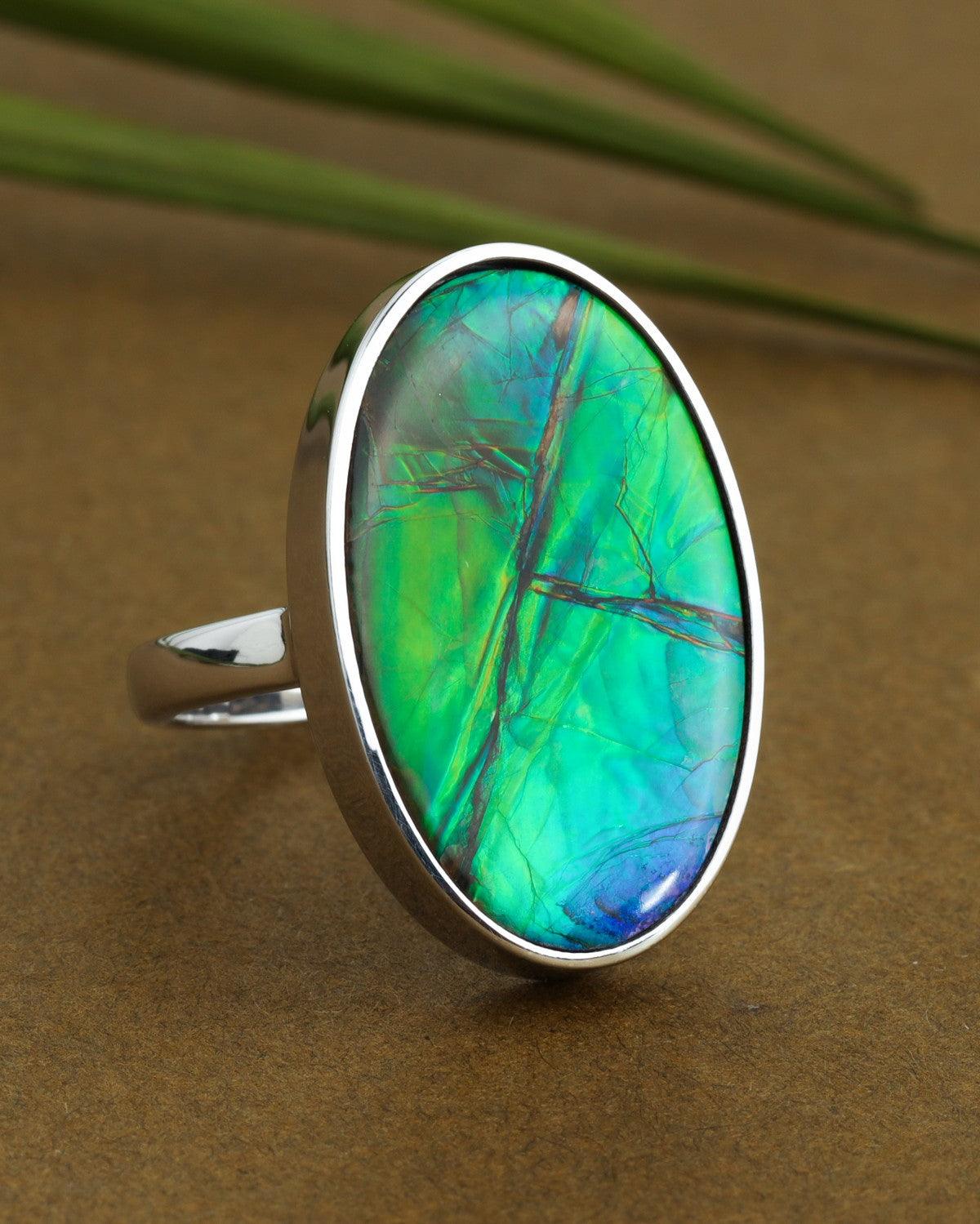 12.15 Ct. Ammolite Ring Solid 925 Sterling Silver Gemstone Jewelry - YoTreasure