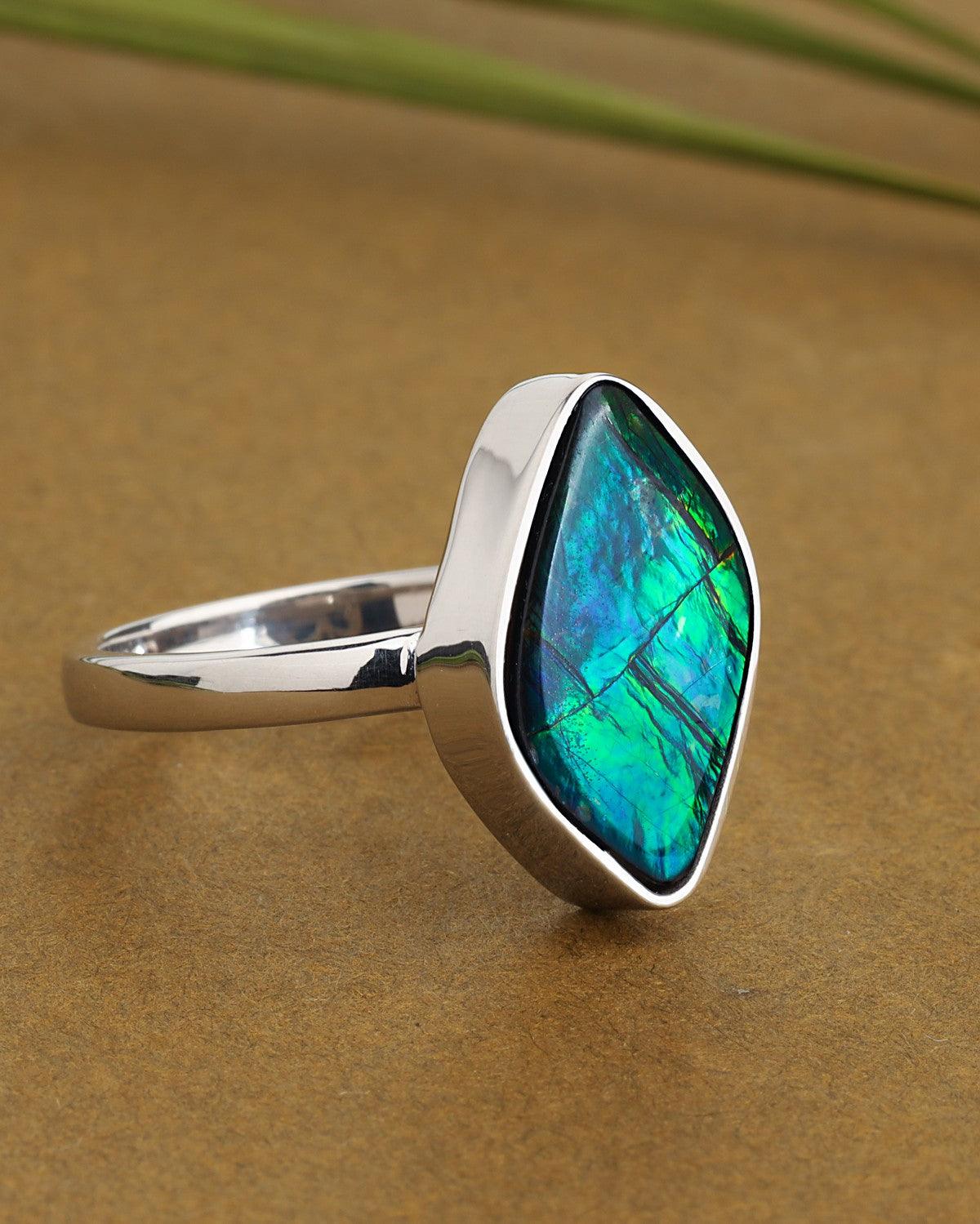 11.90 Ct. Ammolite Solid 925 Sterling Silver Ring Jewelry - YoTreasure