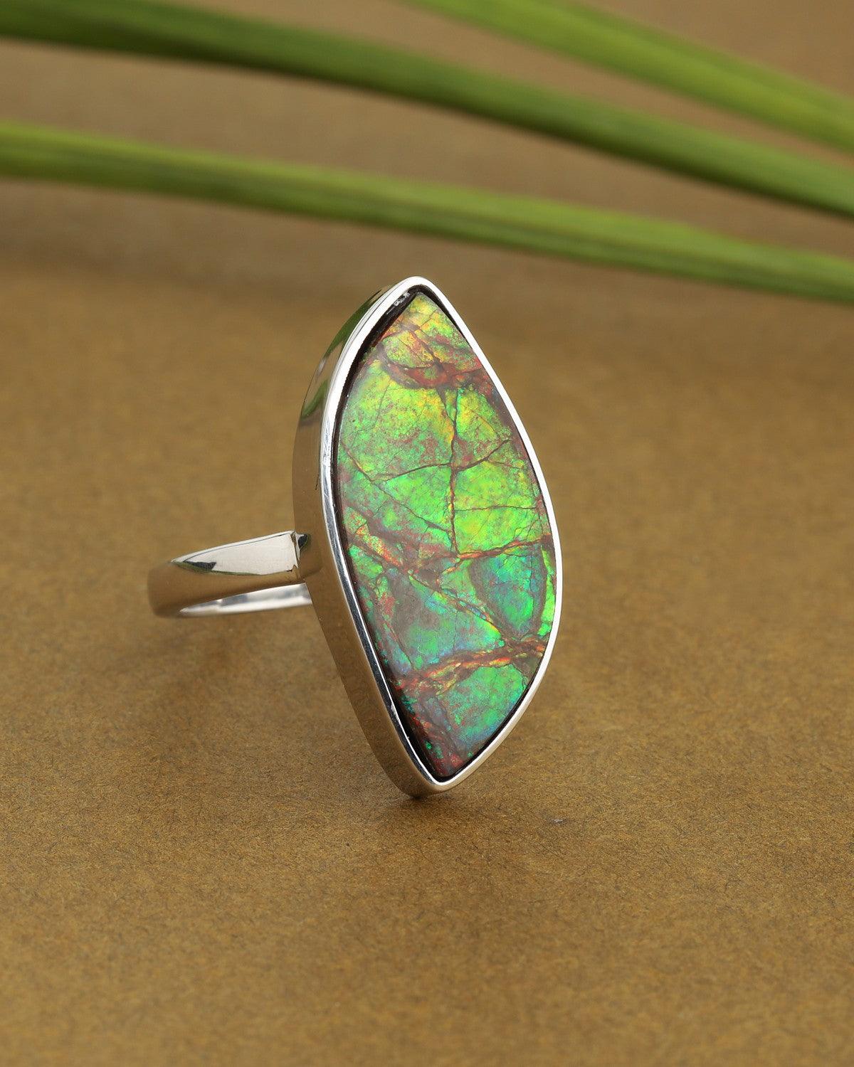 12.15 Ct. Ammolite Solid 925 Sterling Silver Ring Jewelry - YoTreasure
