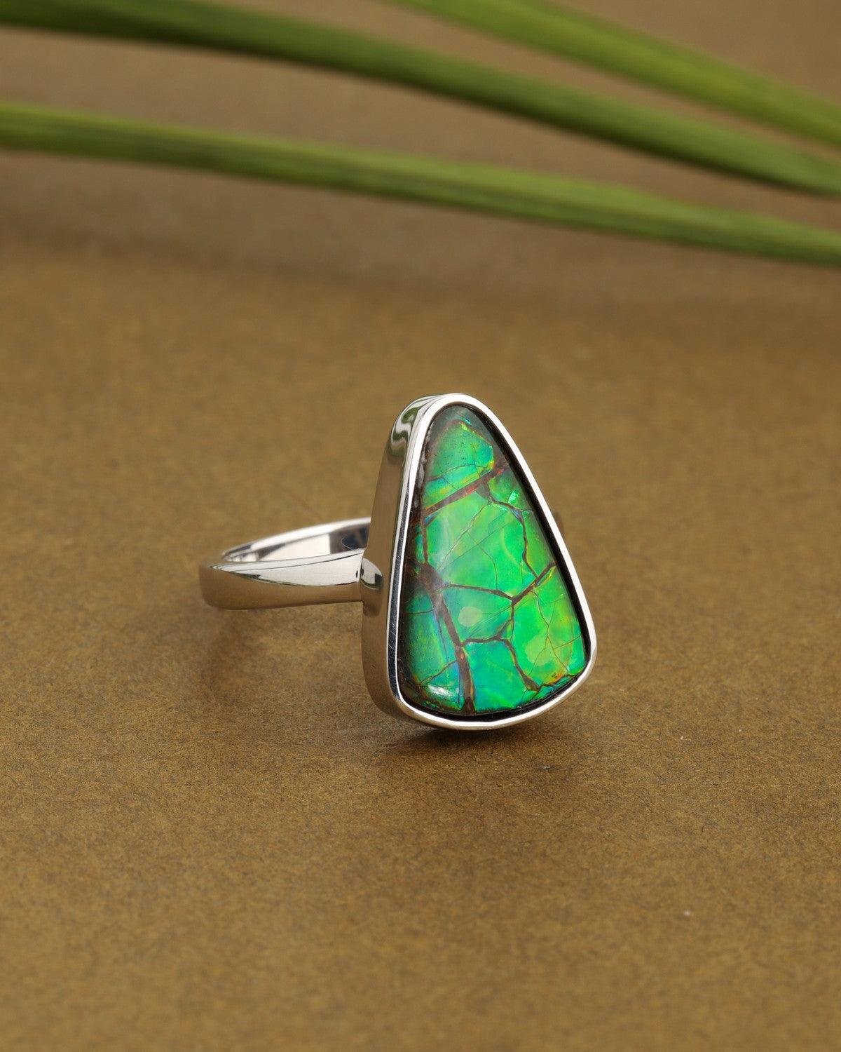 11.35 Ct. Ammolite Ring Solid 925 Sterling Silver Gemstone Jewelry - YoTreasure