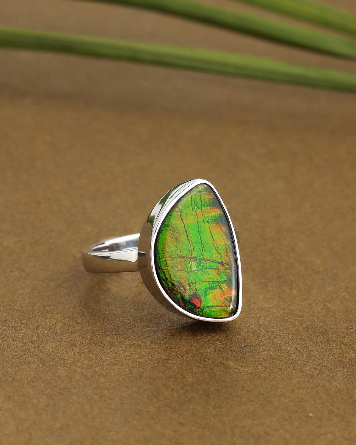 7.35 Ct. Ammolite Ring Solid 925 Sterling Silver Gemstone Jewelry - YoTreasure