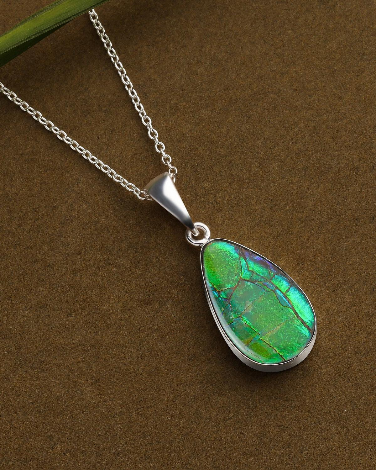 6.50 Ct. Ammolite Solid 925 Sterling Silver Chain Necklace Pendant - YoTreasure