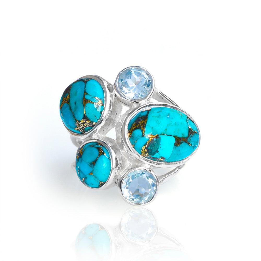 Blue Copper Turquoise Solid 925 Sterling Silver Designer Ring Jewelry - YoTreasure