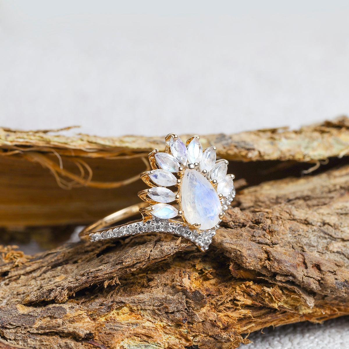 1.43 Ct. Moonstone White Topaz 14K Yellow Gold Boho Ring Jewelry - YoTreasure