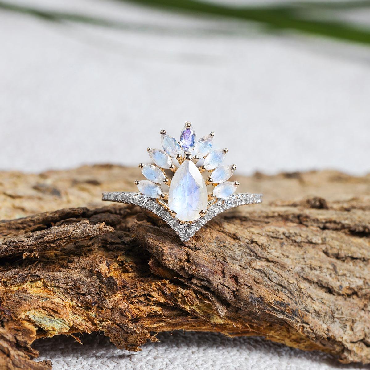 1.43 Ct. Moonstone White Topaz 14K Yellow Gold Boho Ring Jewelry - YoTreasure