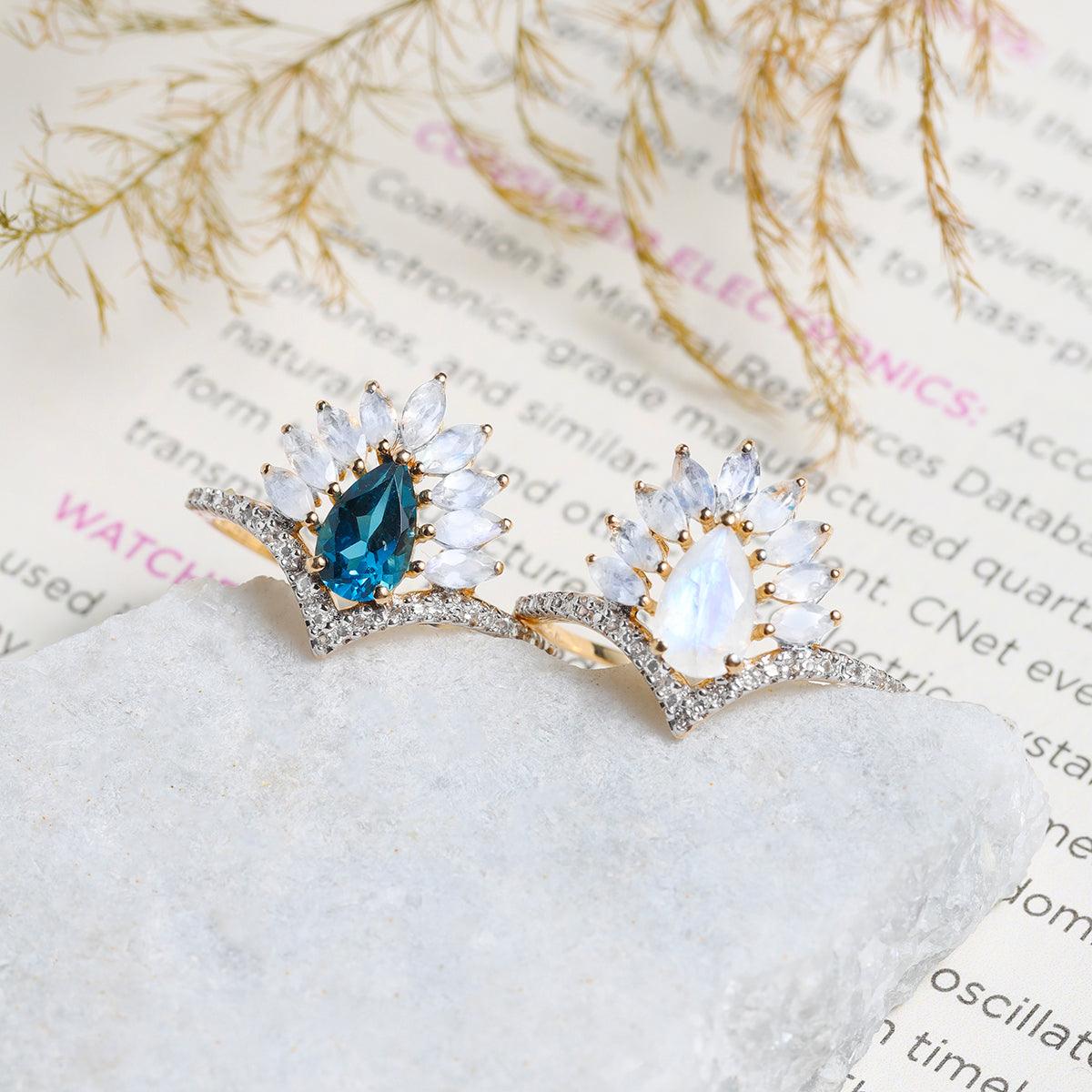 1.43 Ct. Moonstone White Topaz 14K Yellow Gold Boho Ring Jewelry - YoTreasure