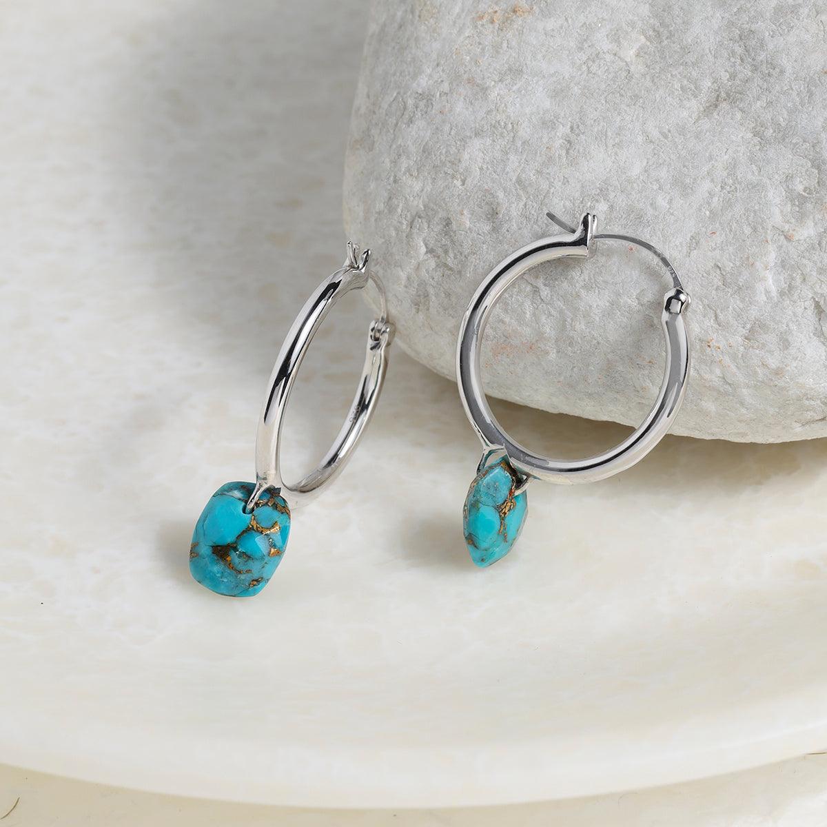 Blue Copper Turquoise Solid 925 Sterling Silver Hoop Earring - YoTreasure