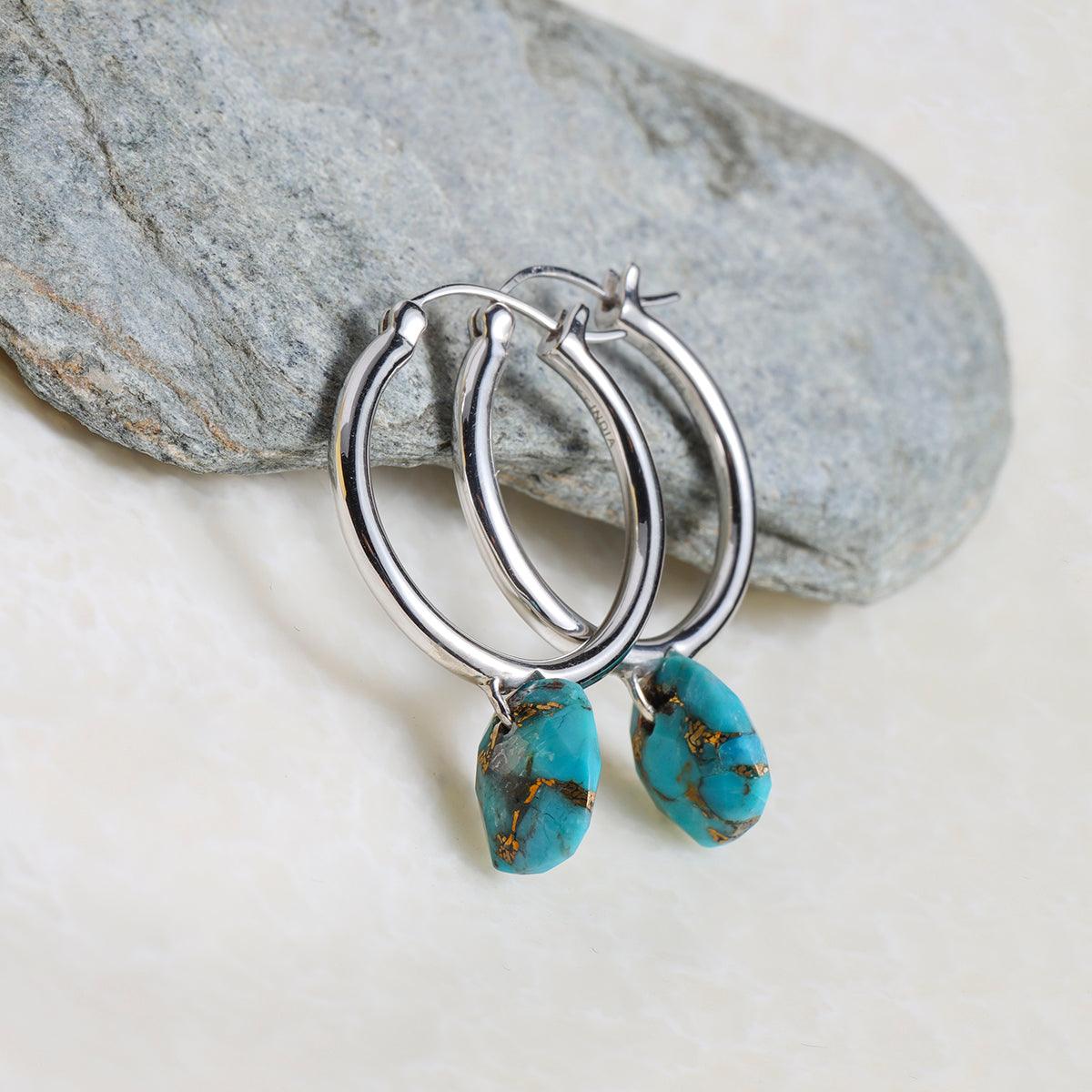 Blue Copper Turquoise Solid 925 Sterling Silver Hoop Earring - YoTreasure