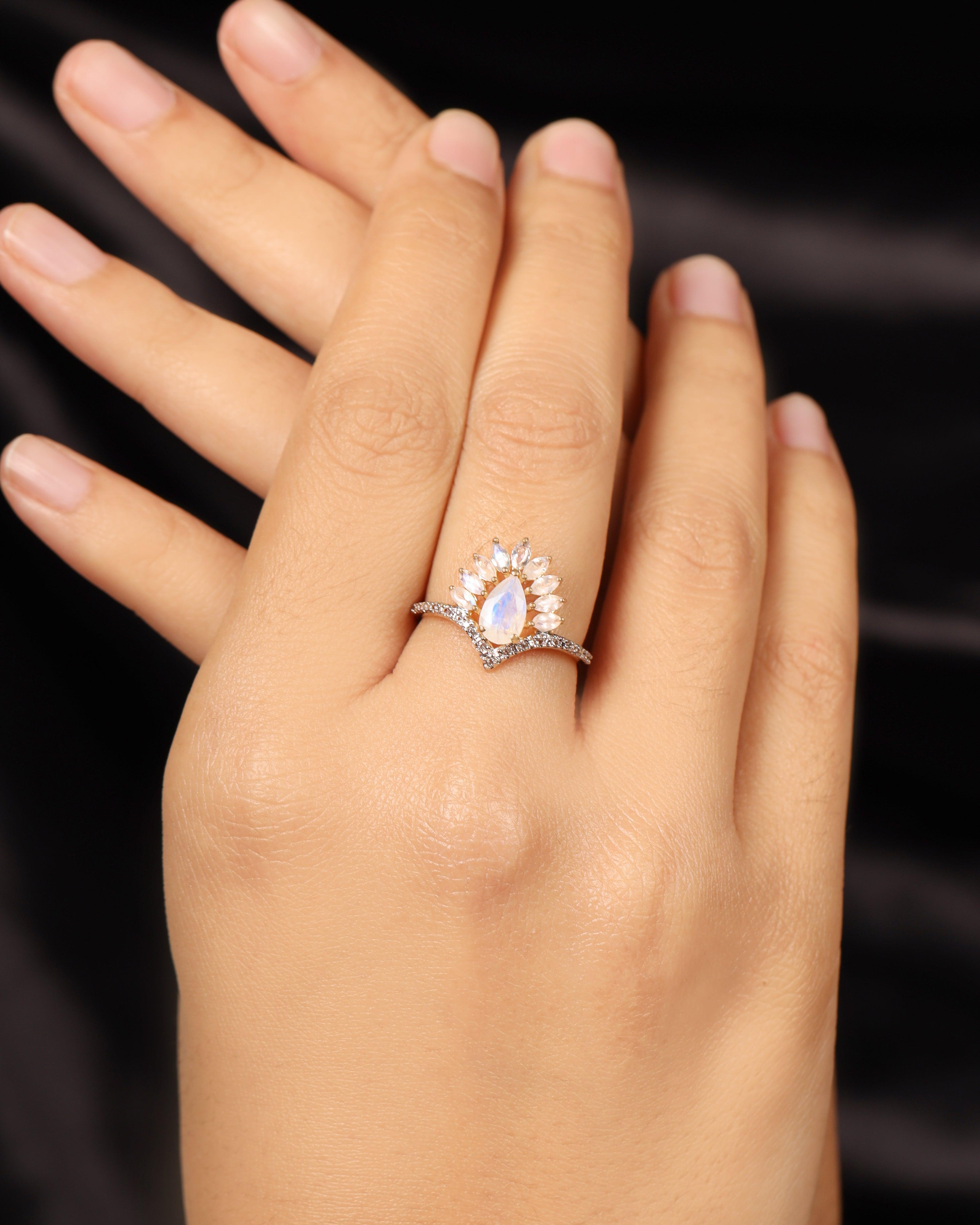 1.43 Ct. Moonstone White Topaz 14K Yellow Gold Boho Ring Jewelry - YoTreasure
