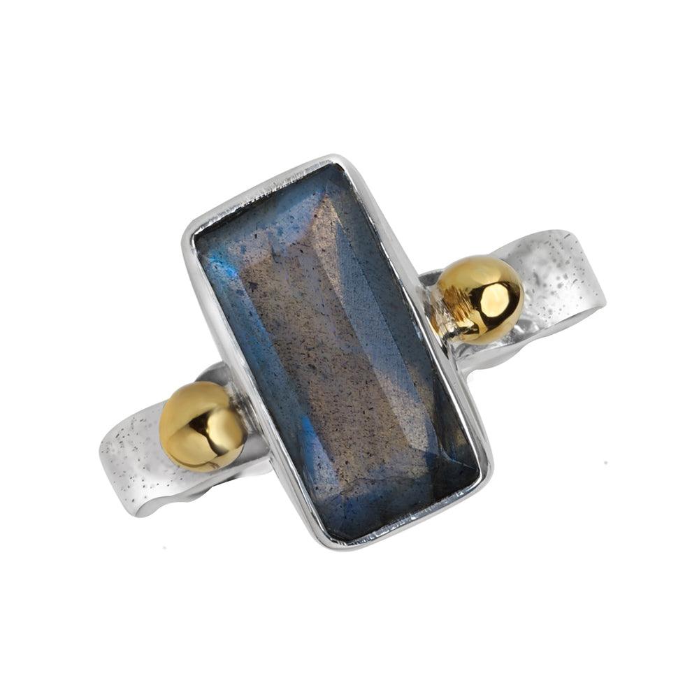 Labradorite Solid 925 Sterling Silver Bold Ring With Brass Accents - YoTreasure