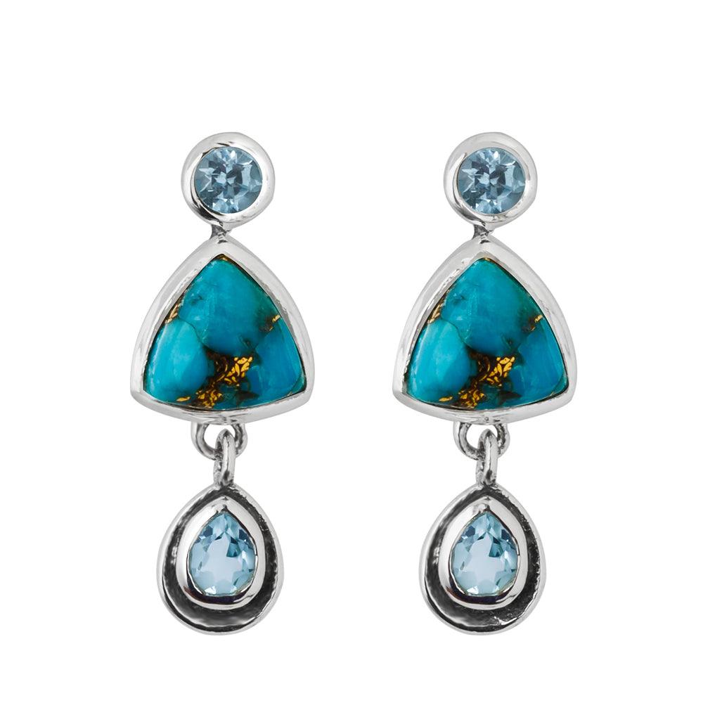 Blue Copper Turquoise Sky Blue Topaz Solid 925 Sterling Silver Drop Earrings - YoTreasure