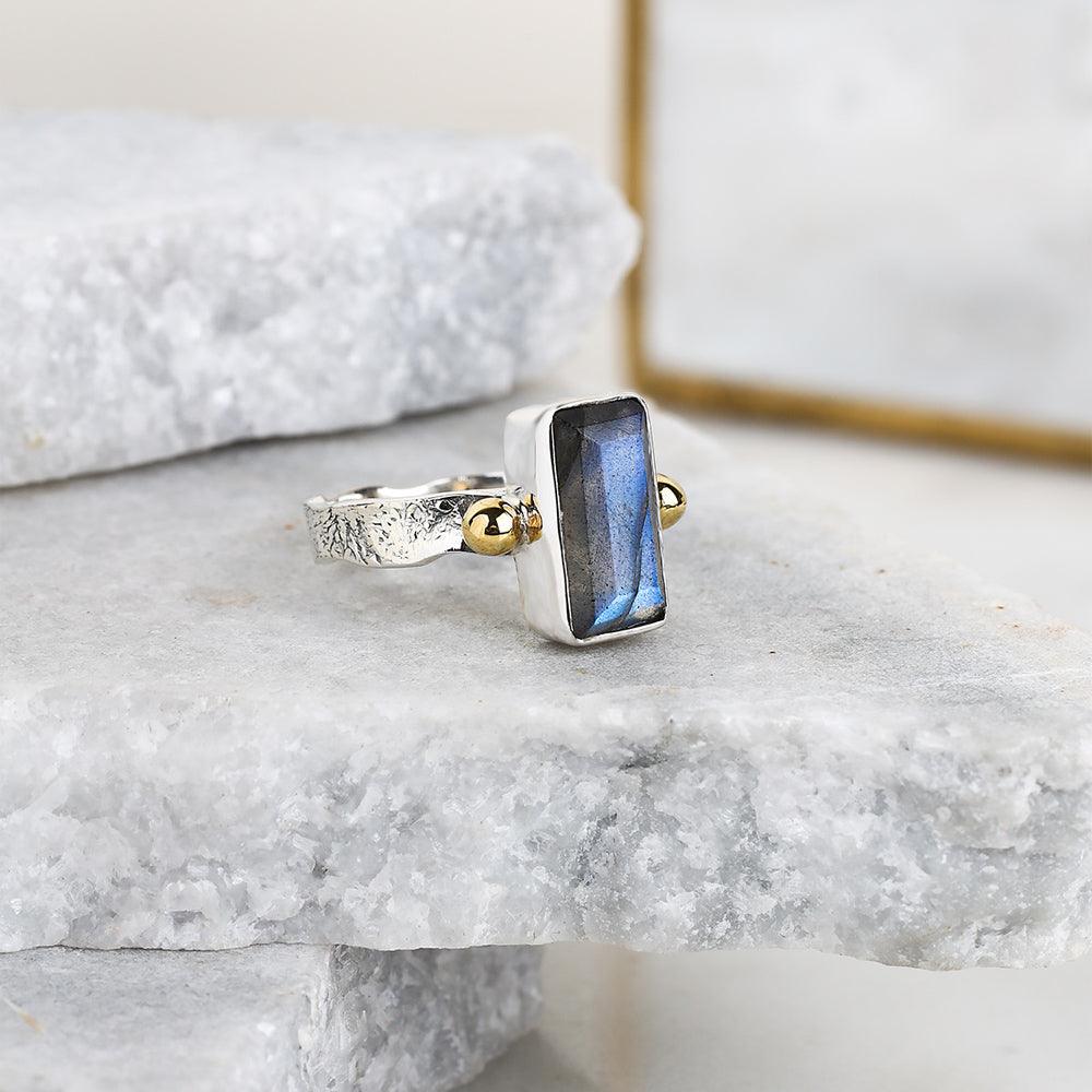 Labradorite Solid 925 Sterling Silver Bold Ring With Brass Accents - YoTreasure
