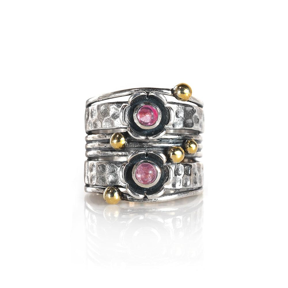 YoTreasure 3 MM Pink Tourmaline 925 Sterling Silver Brass Wide Band Statement Ring - YoTreasure