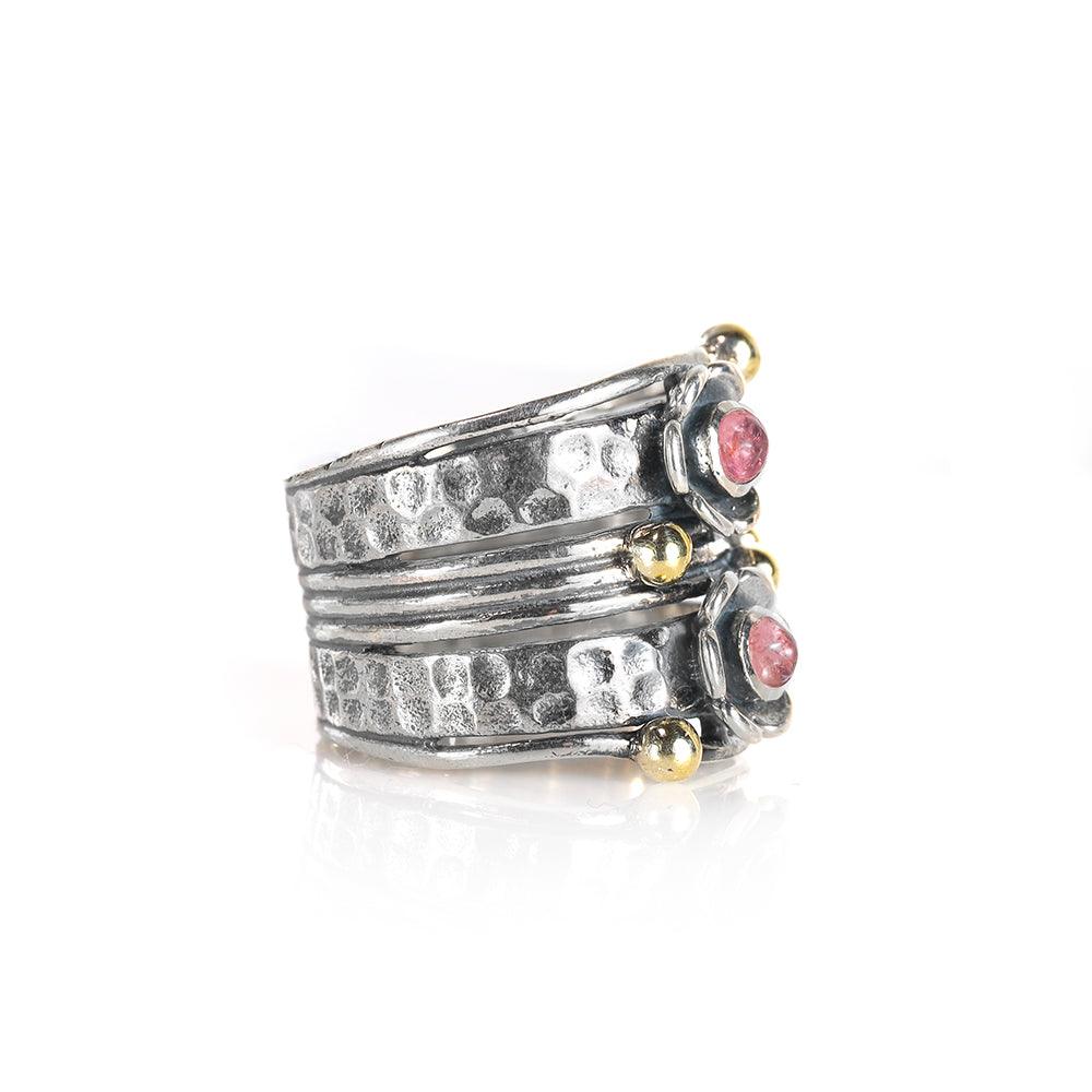 YoTreasure 3 MM Pink Tourmaline 925 Sterling Silver Brass Wide Band Statement Ring - YoTreasure