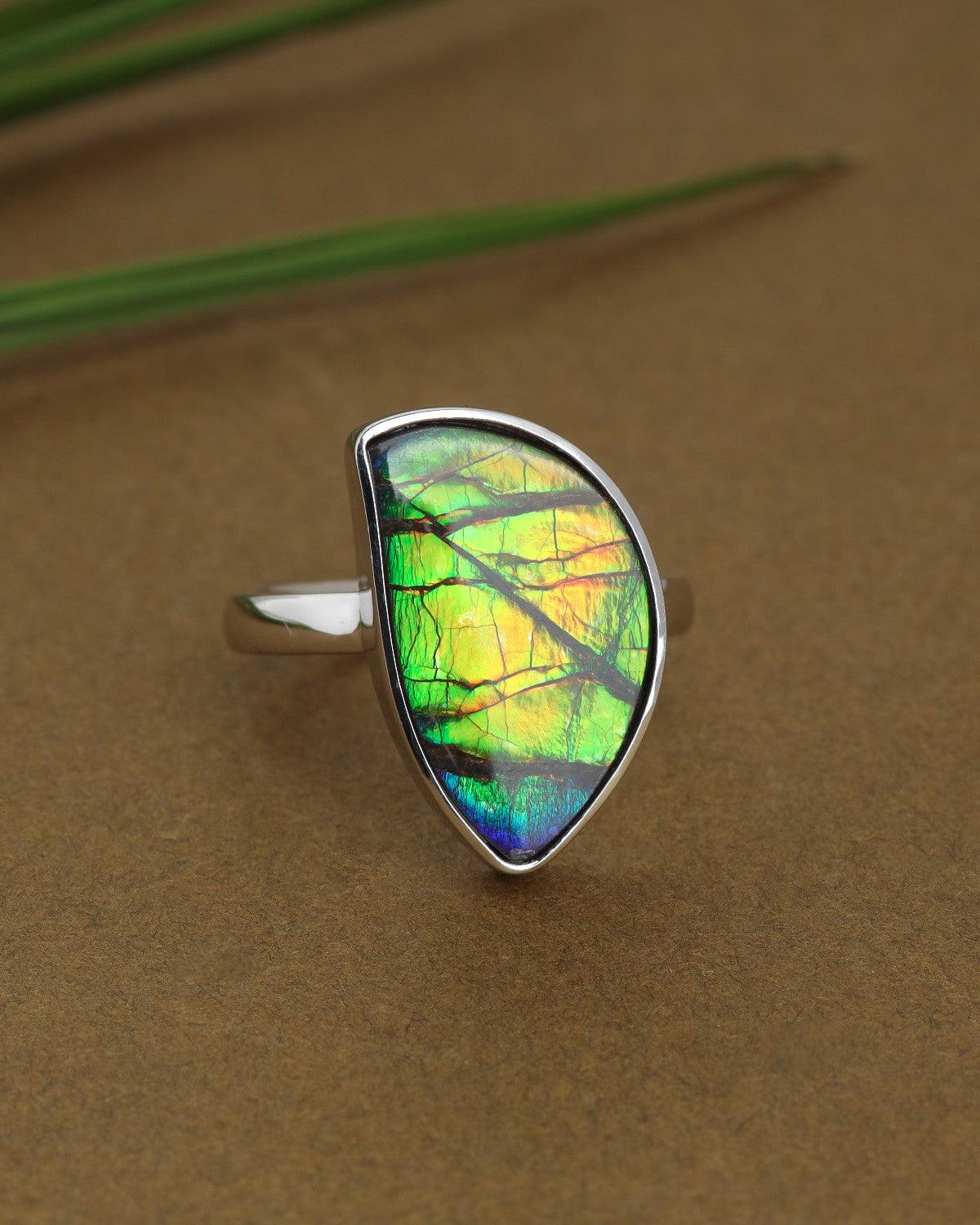 13.1 Ct. Ammolite Ring Solid 925 Sterling Silver Gemstone Jewelry - YoTreasure