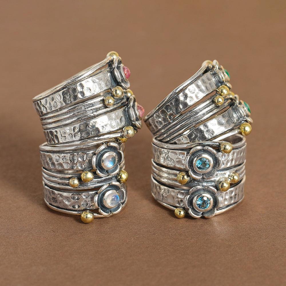 YoTreasure 3 MM Pink Tourmaline 925 Sterling Silver Brass Wide Band Statement Ring - YoTreasure
