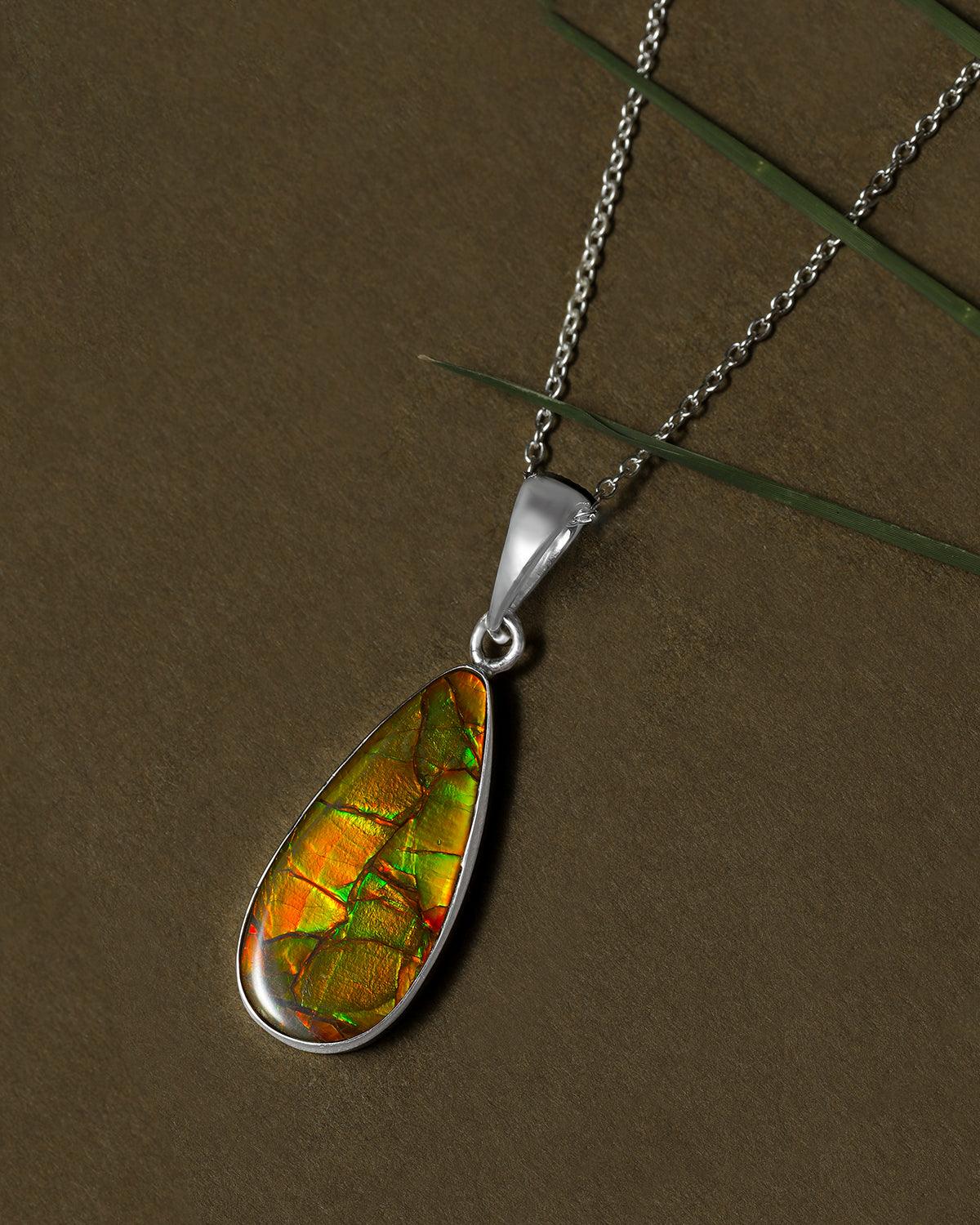 11.85 Ct. Ammolite .925 Sterling Silver Necklace Pendant Jewelry - YoTreasure