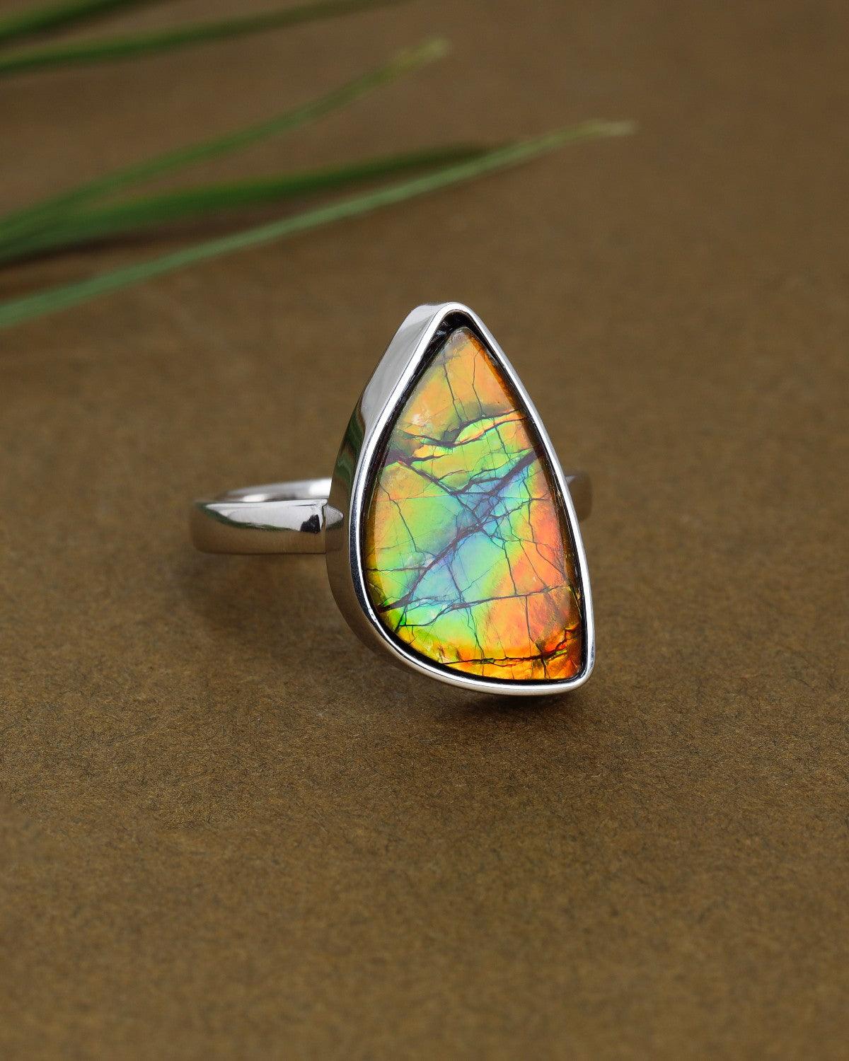 12.15 Ct Ammolite Solid 925 Sterling Silver Ring Jewelry - YoTreasure