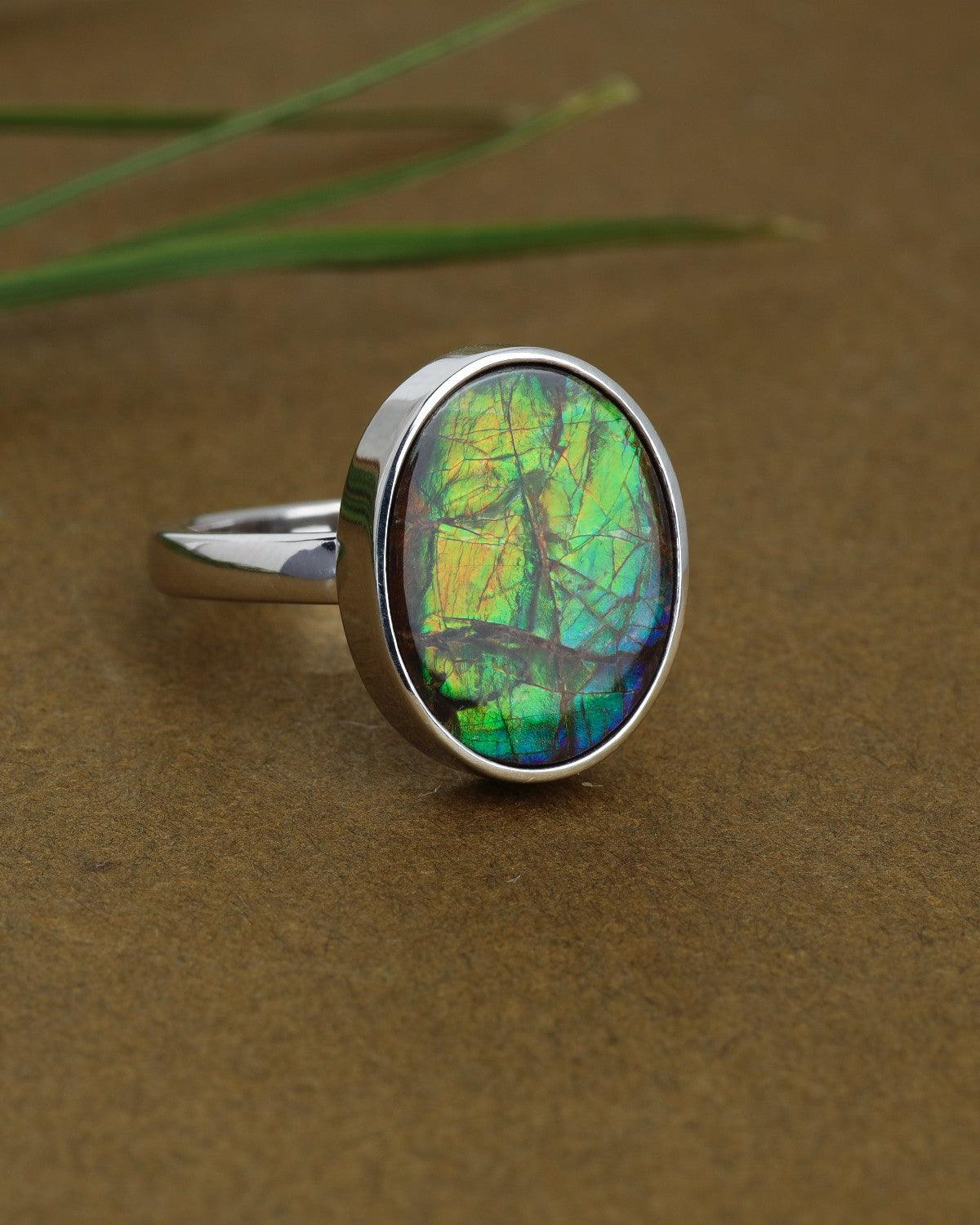 8.1 Ct. Ammolite Solid 925 Sterling Silver Statement Ring - YoTreasure