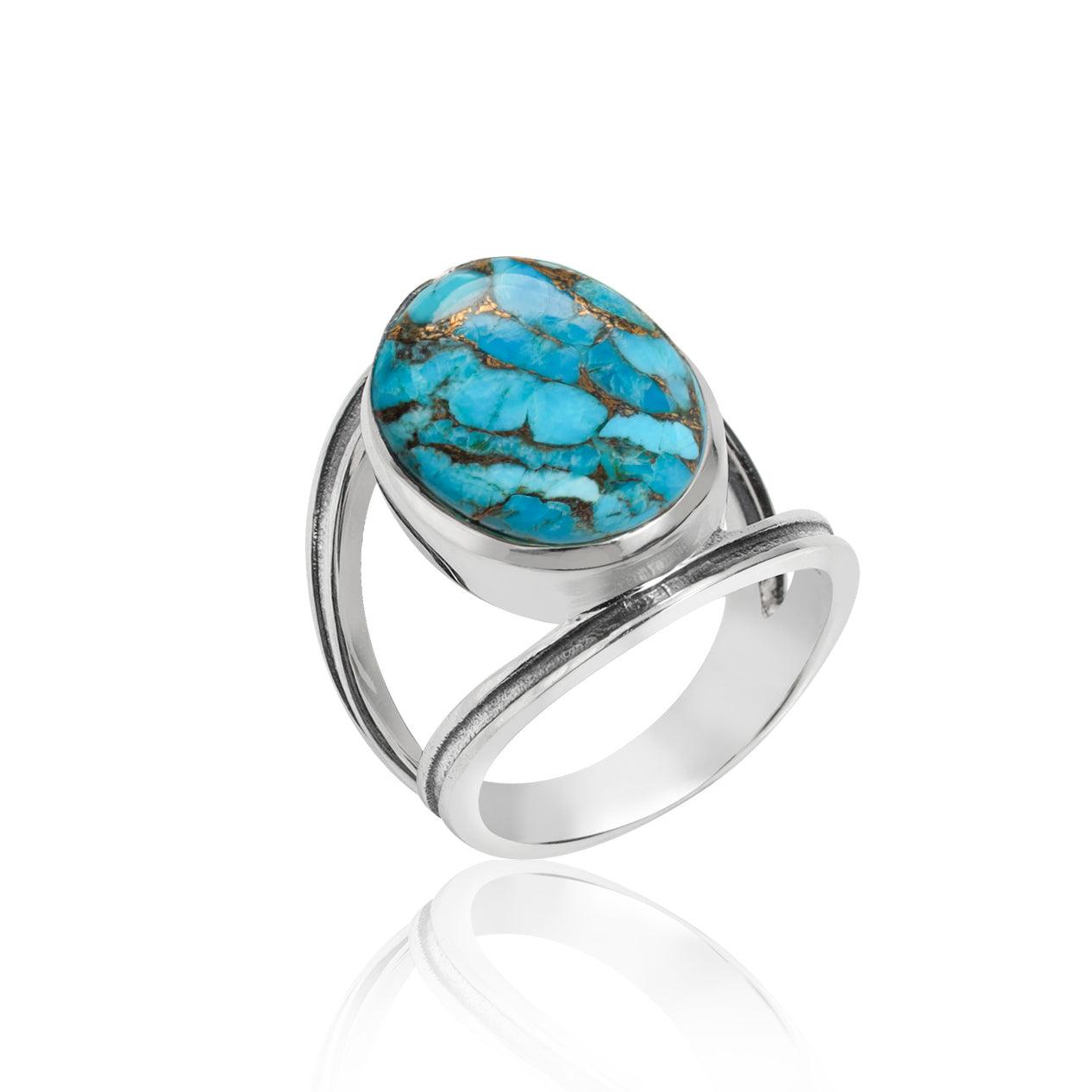 YoTreasure 13x18 MM Blue Copper Turquoise 925 Sterling Silver Split Shank Statement Ring - YoTreasure