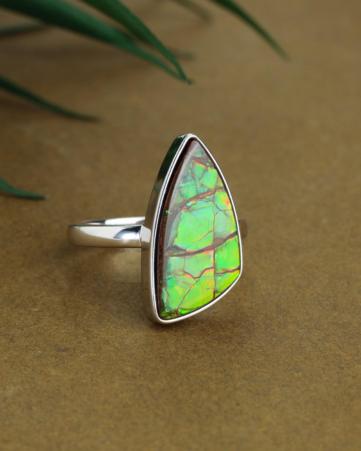 7.85 Ct. Ammolite Solid 925 Sterling Silver Ring - YoTreasure