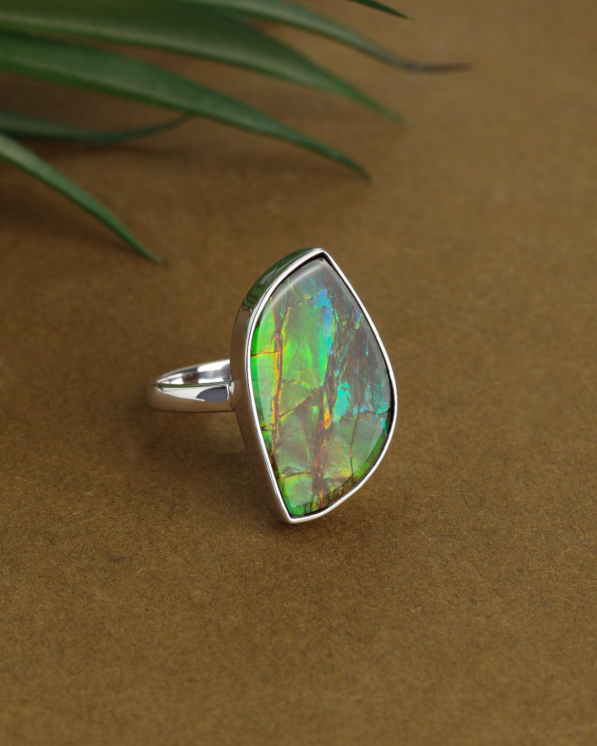 12.1 Ct. Ammolite Ring Solid 925 Sterling Silver Gemstone Jewelry - YoTreasure
