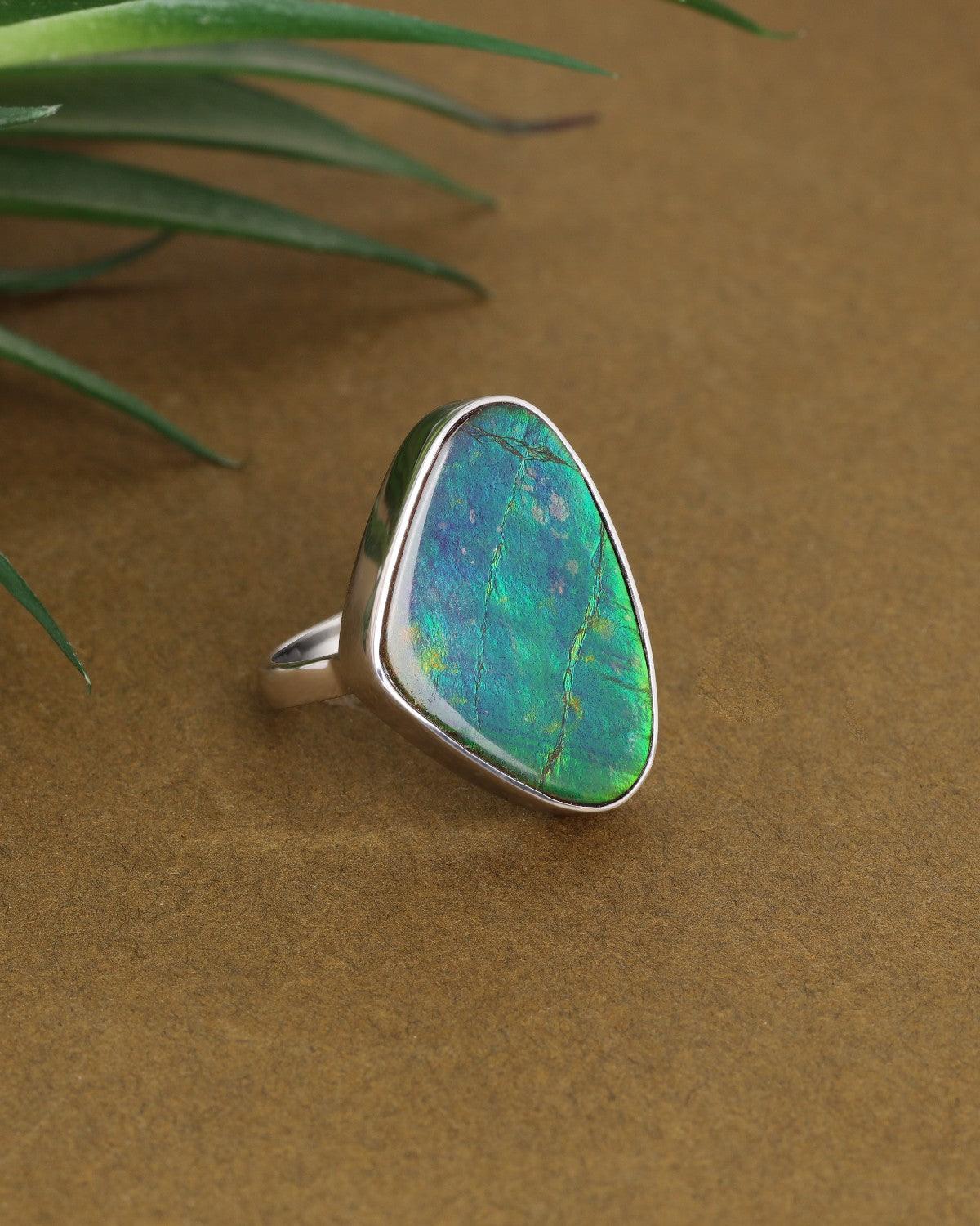 14.65 Ct. Ammolite Solid 925 Sterling Silver Ring - YoTreasure