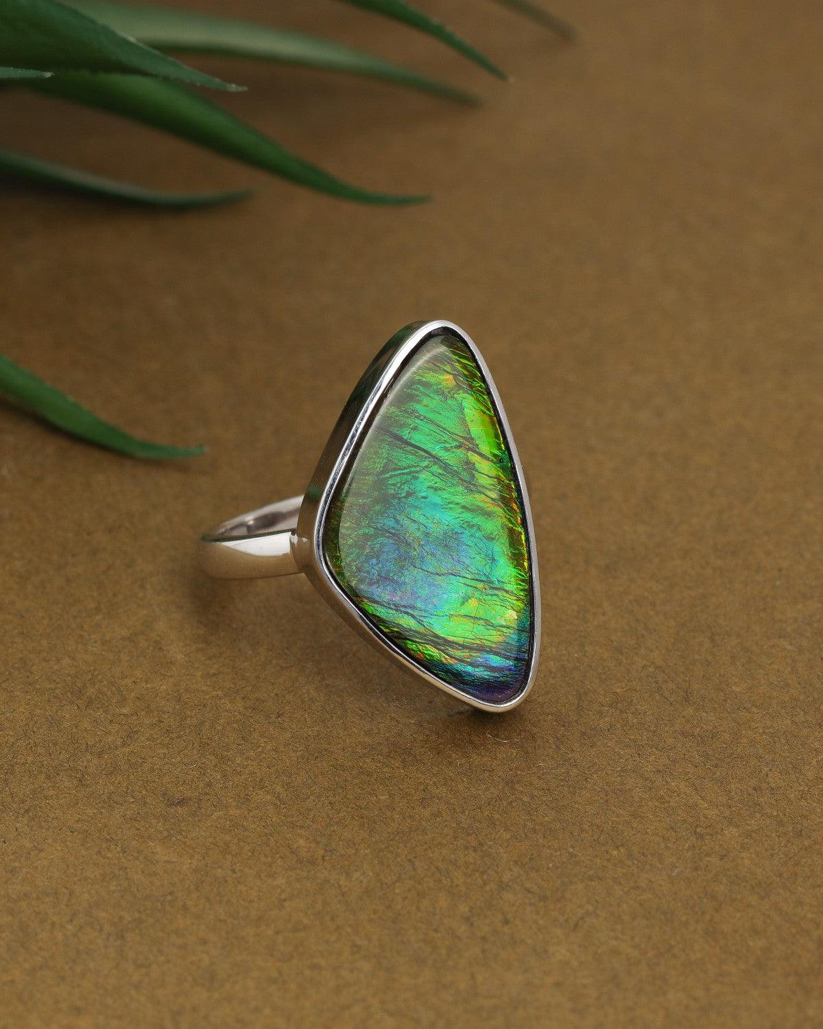 5.35 Ct. Ammolite Solid 925 Sterling Silver Ring - YoTreasure