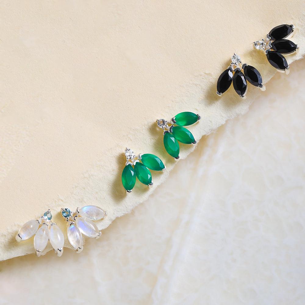 Green Onyx White Topaz Solid 925 Sterling Silver half flower Stud Earrings - YoTreasure