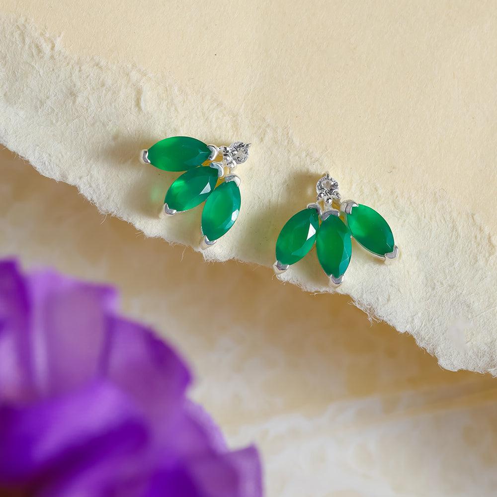 Green Onyx White Topaz Solid 925 Sterling Silver half flower Stud Earrings - YoTreasure