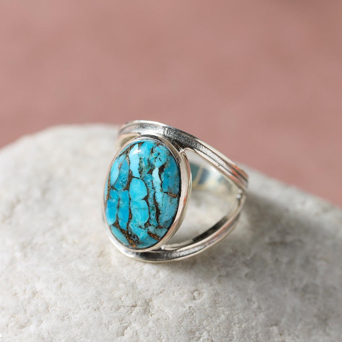 YoTreasure 13x18 MM Blue Copper Turquoise 925 Sterling Silver Split Shank Statement Ring - YoTreasure