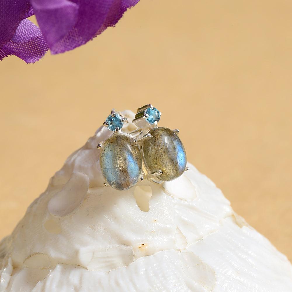 Labradorite Blue Topaz Solid 925 Sterling Silver Stud Earrings - YoTreasure