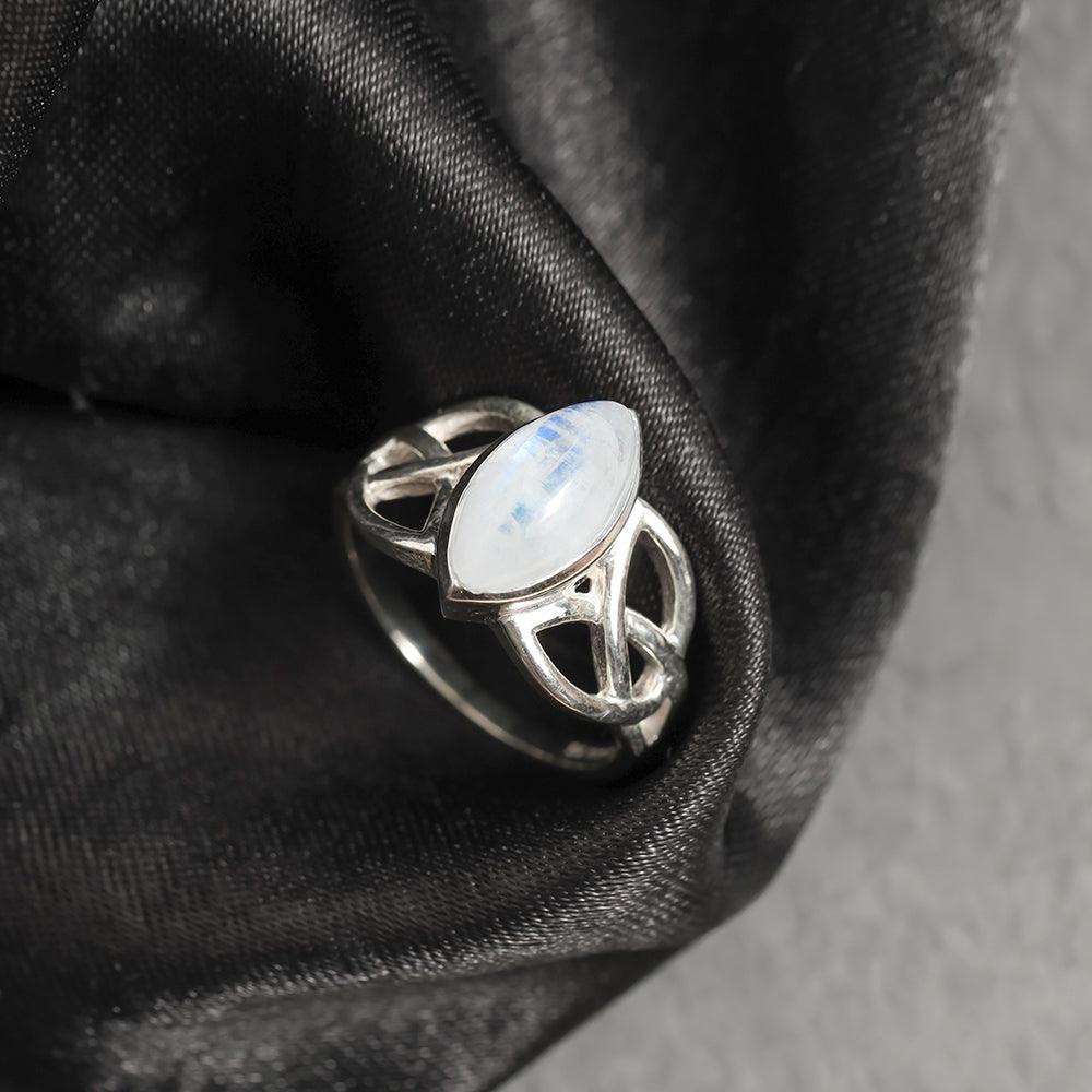 YoTreasure 6x12MM Marquise Shape Moonstone Birthstone Gemstone 925 Sterling Silver Victorian Style Triquetra Celtic Trinity Knot Ring - YoTreasure