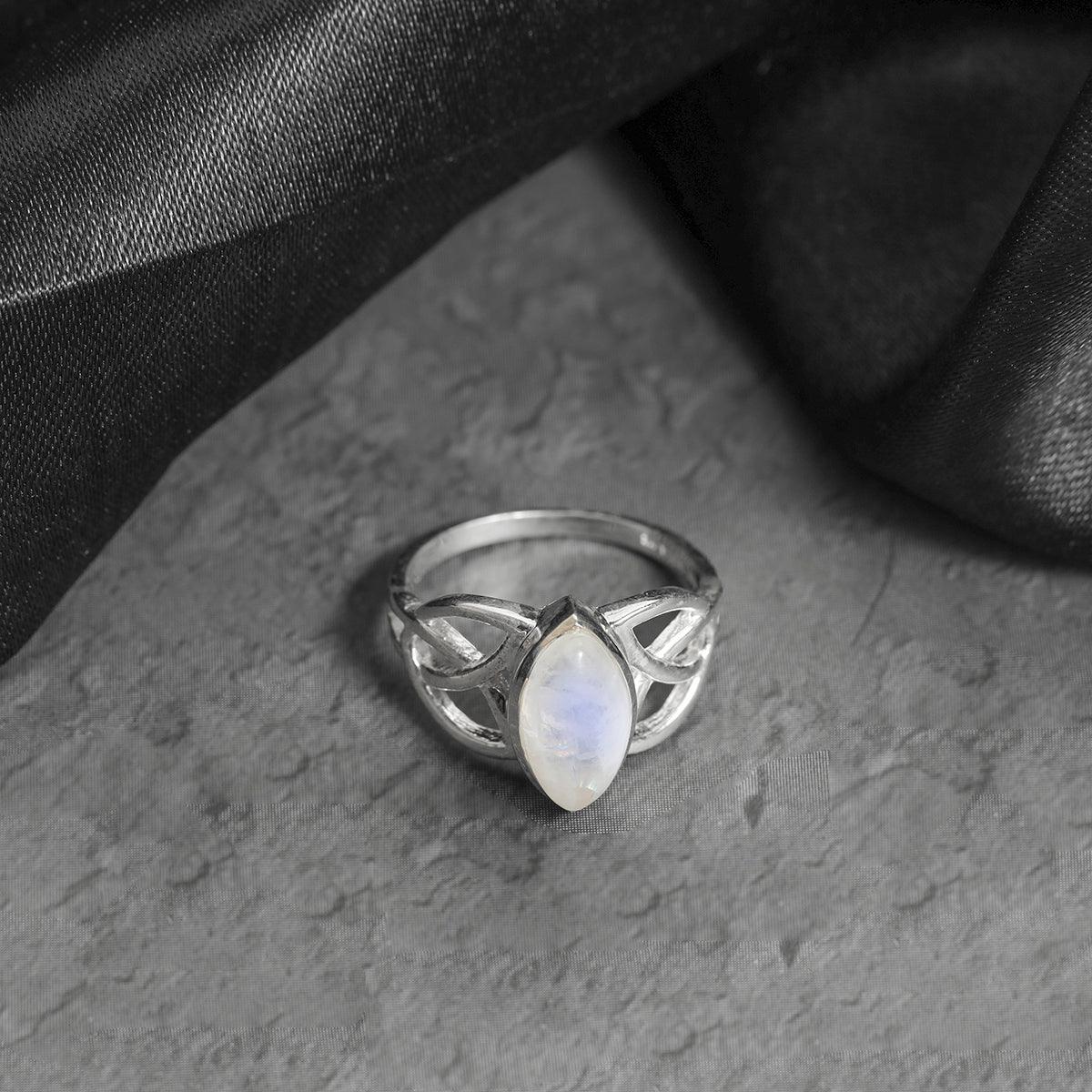 YoTreasure 6x12MM Marquise Shape Moonstone Birthstone Gemstone 925 Sterling Silver Victorian Style Triquetra Celtic Trinity Knot Ring - YoTreasure