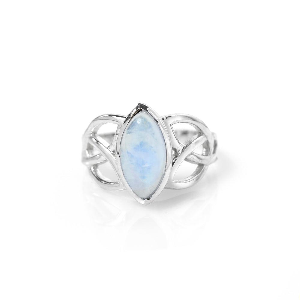 YoTreasure 6x12MM Marquise Shape Moonstone Birthstone Gemstone 925 Sterling Silver Victorian Style Triquetra Celtic Trinity Knot Ring - YoTreasure
