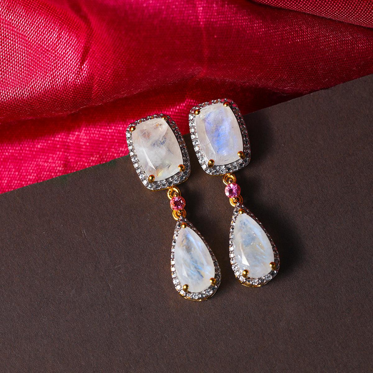 Rainbow Moonstone Solid 14kt Gold Over 925 Sterling Silver Drop Earrings - YoTreasure