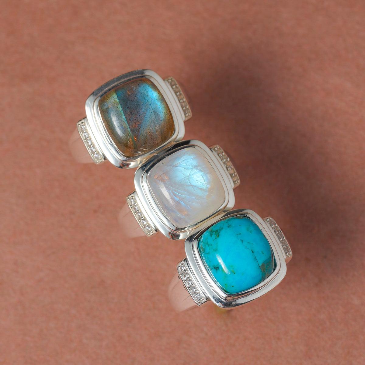 Rainbow Moonstone & White Zircon Ring in 925 Sterling Silver - YoTreasure