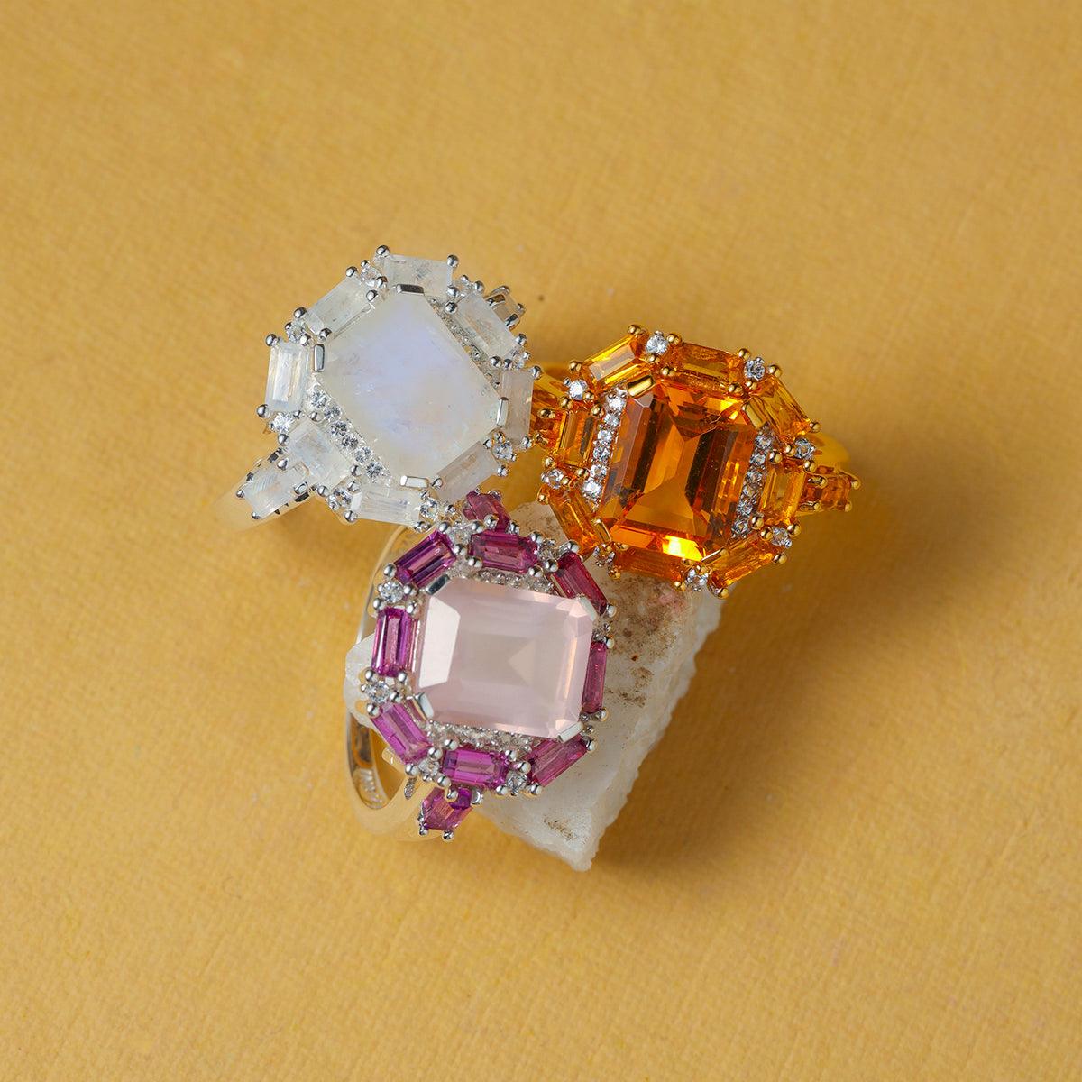 Rainbow Moonstone & White Sapphire Ring in 925 Sterling Silver - YoTreasure