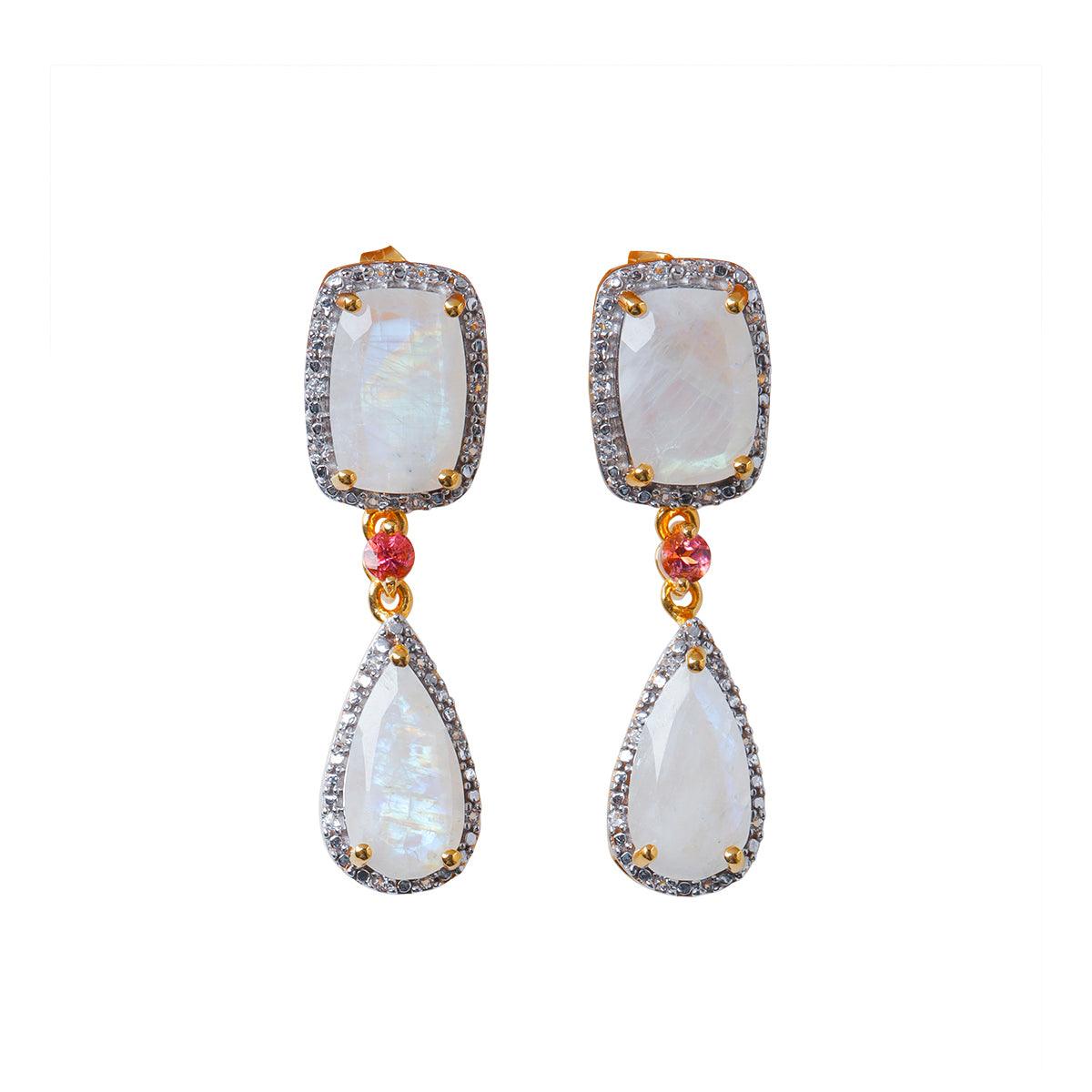 Rainbow Moonstone Solid 14kt Gold Over 925 Sterling Silver Drop Earrings - YoTreasure