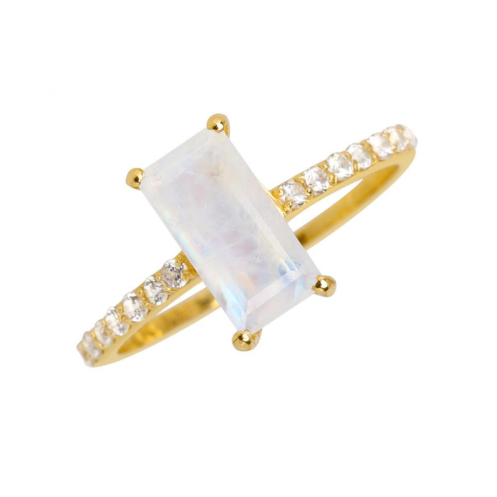 Rainbow Moonstone White Sapphire Solid 14K Yellow Gold Promise Ring Jewelry - YoTreasure