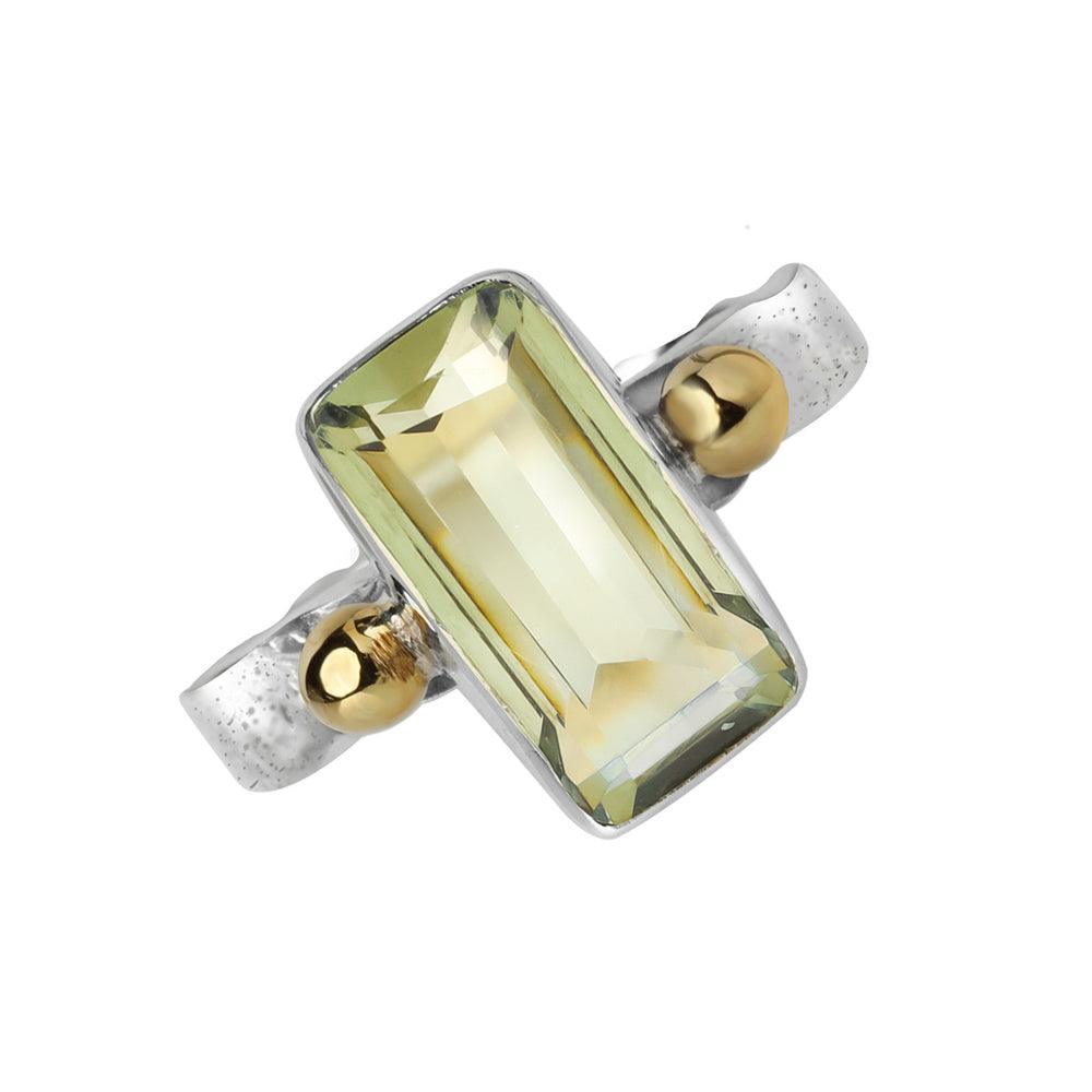 Green Amethyst Solid 925 Sterling Silver Bold Ring With Brass Accents - YoTreasure